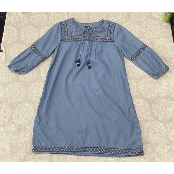 J Jill Denim Chambray Dress Womens Sz S Boho Embroidered Tassels 100% Tencel - Picture 4 of 9